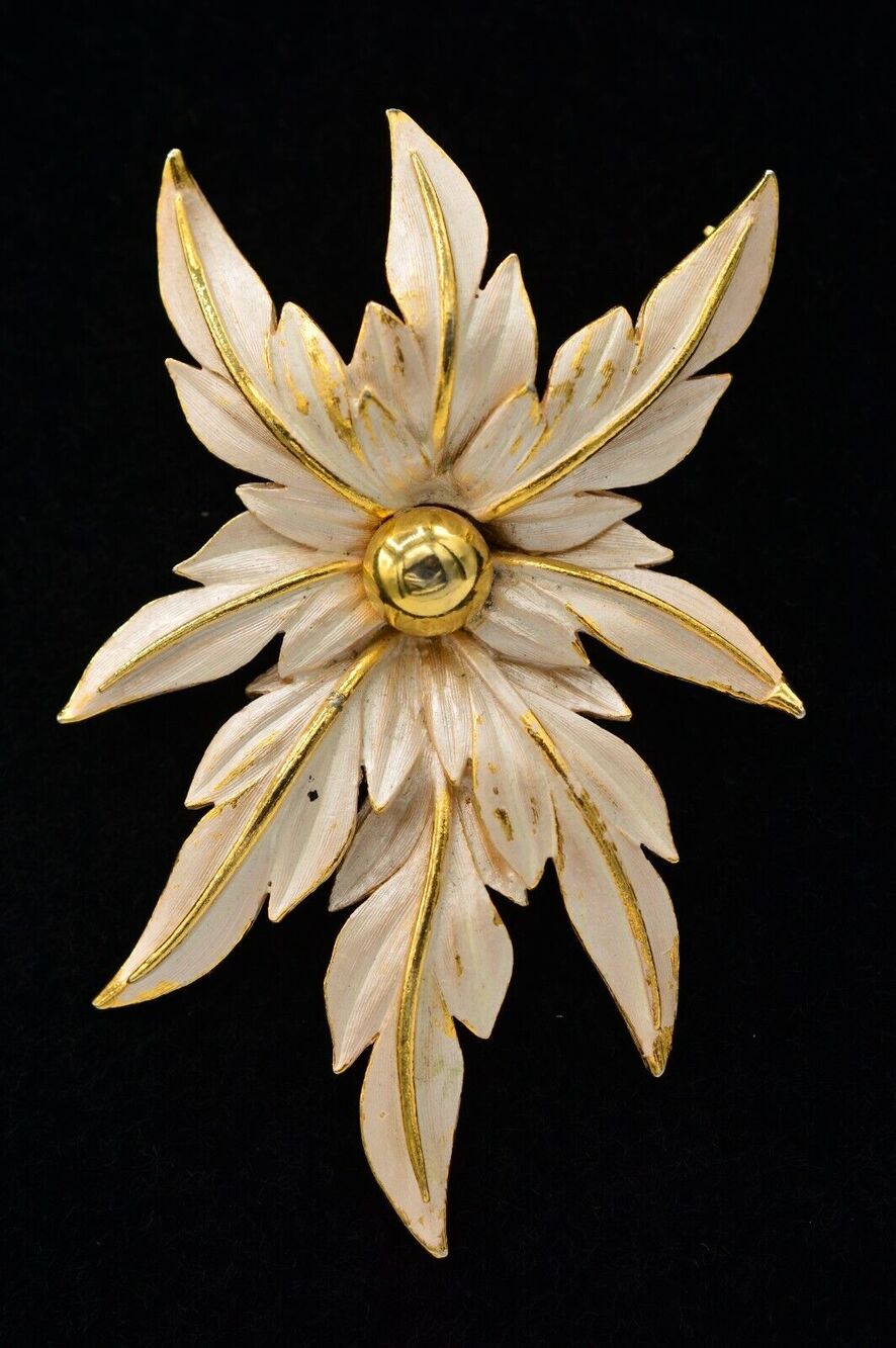 Vintage 3" Flower Pin Brooch Brushed Gold Frosted Enamel Gold NOS 1980s BinJ